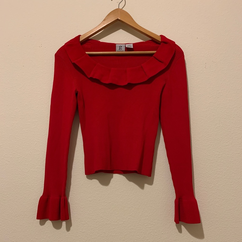 Red Long-Sleeve Ruffled Crop Top (Ribbed)